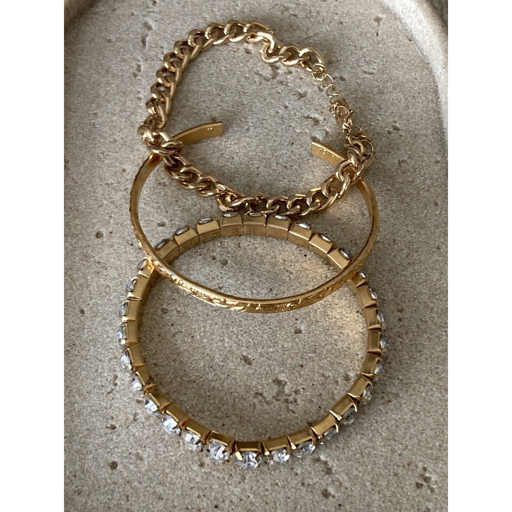 Gold Tone Bling Bracelet Set Of 3 Bangles Rhinestones Cuban Link Chain Runway